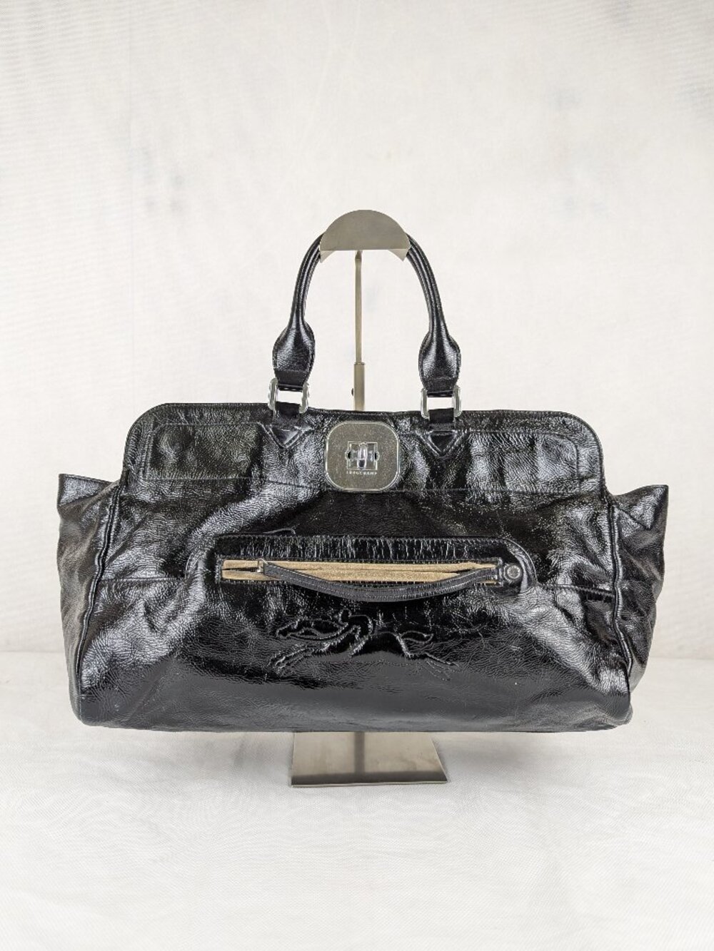 Longchamp Le Pliage Black Leather Travel Bag Foldable Shoulder Bag Buy it Now